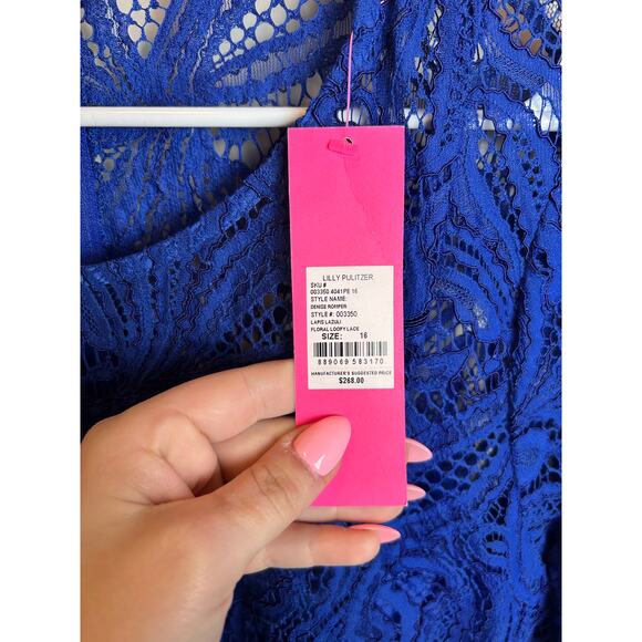 NWT Lilly Pulitzer Denise Cobalt Blue Lace Flare Sleeve Romper Size 16 - Picture 4 of 7